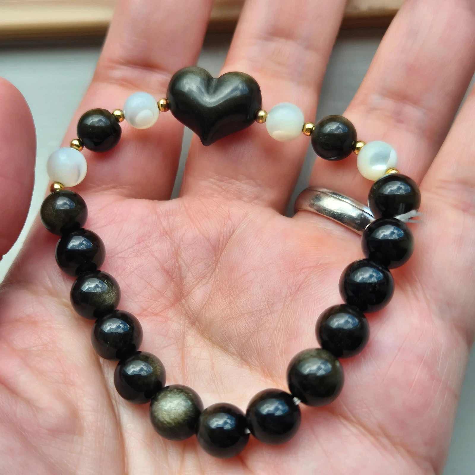 Natural Golden Obsidian heart shape and beaded shape bracelet